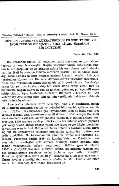 Sir Frederick Smith, (2) veteriner tarihi bakımından çok önem taşıyan ...