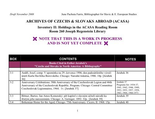 archives of czechs &amp; slovaks abroad (acasa) - The University of ...