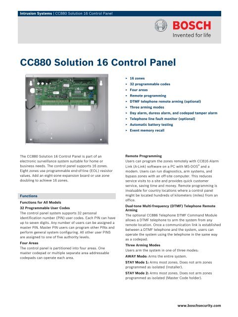 Cc880 Solution 16 Control Panel Bosch Security Systems