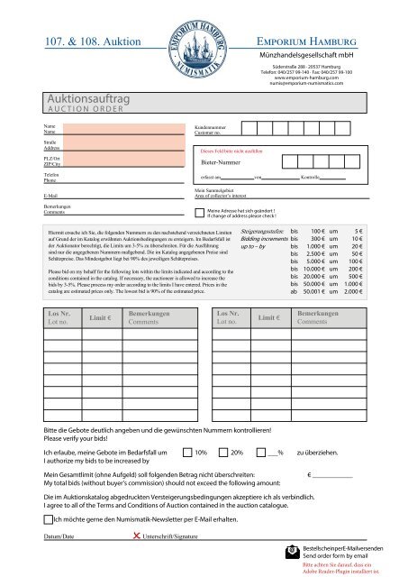 Auktionsauftrag Auktion 107 und 108