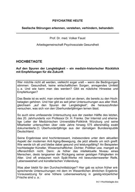 Hochbetagte - Arbeitsgemeinschaft Psychosoziale Gesundheit