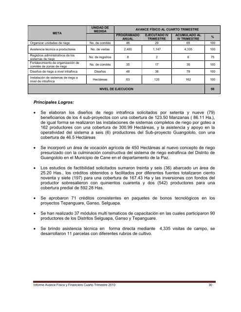 Informe SAG al Cuarto Trimestre 2010 - Secretaría de Agricultura y ...