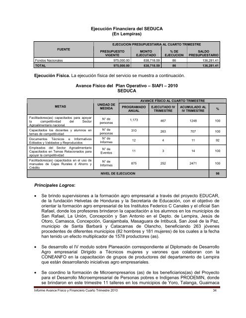 Informe SAG al Cuarto Trimestre 2010 - Secretaría de Agricultura y ...