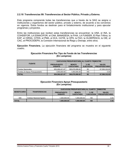 Informe SAG al Cuarto Trimestre 2010 - Secretaría de Agricultura y ...