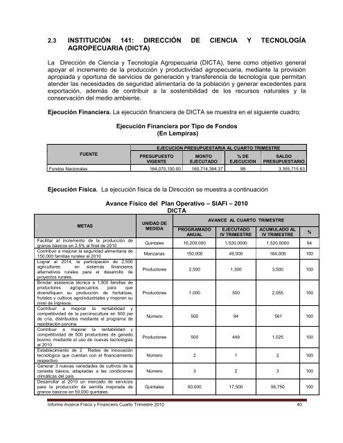 Informe SAG al Cuarto Trimestre 2010 - Secretaría de Agricultura y ...