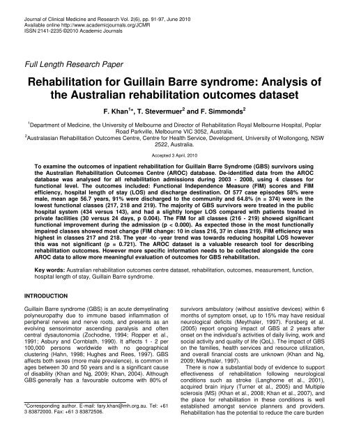Rehabilitation For Guillain Barre Syndrome Academic Journals