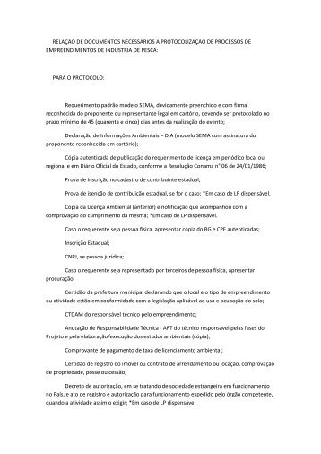 RELAÇÃO DE DOCUMENTOS NECESSÁRIOS A - SEPAq