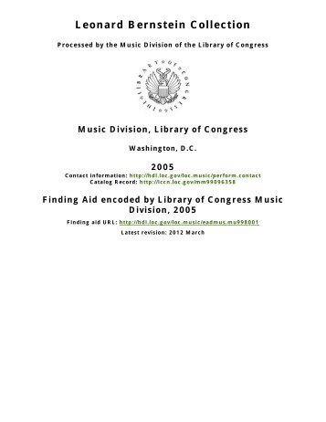 Leonard Bernstein Collection [finding aid]. Library of Congress. [PDF ...