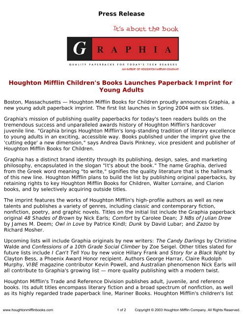 Press Release for Graphia Books published by Houghton Mifflin ...