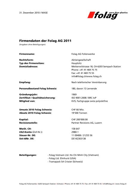 Firmendaten der Folag AG 2011