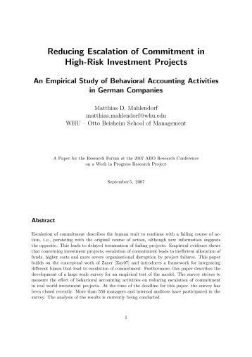 Reducing Escalation of Commitment in High-Risk Investment Projects