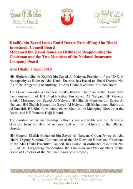 Khalifa bin Zayed Issues Emiri Decree Reshuffling Abu Dhabi ...