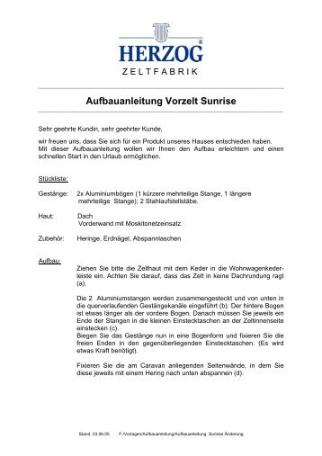 Aufbauanleitung Vorzelt Sunrise - Herzog