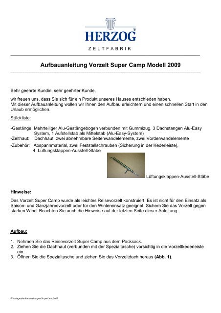 Aufbauanleitung Vorzelt Super Camp Modell 2009 - Herzog