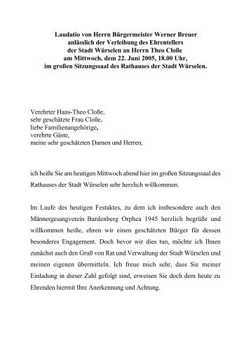Laudatio von Herrn Bürgermeister Werner Breuer ... - Würselen