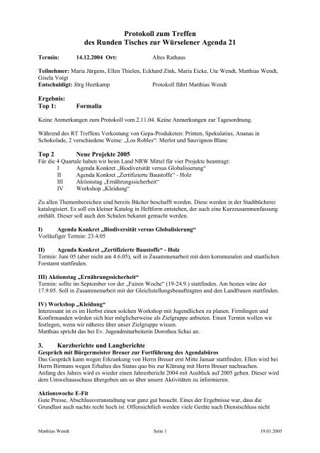 Protokoll Runder Tisch 14.12.04 - Agenda-wuerselen.de