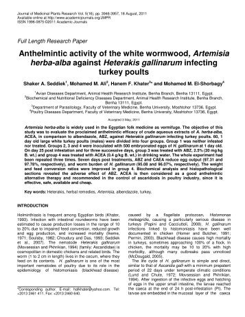 Anthelmintic activity of the white wormwood, Artemisia herba-alba ...