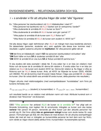 DIVISIONSEXEMPEL – RELATIONSALGEBRA OCH SQL r ÷ s ...