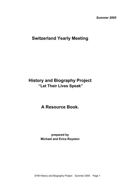 Switzerland Yearly Meeting History and Biography Project ... - Quakers