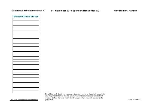 Gästebuch Windstammtisch 47 01. November 2010 Sponsor: Hansa ...