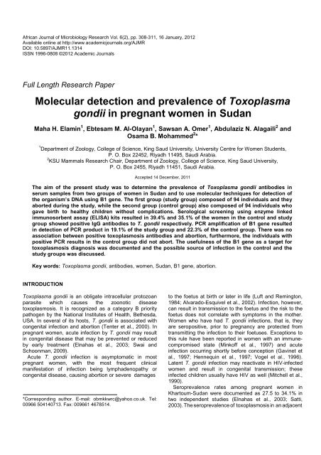 Molecular detection and prevalence of Toxoplasma gondii in ...