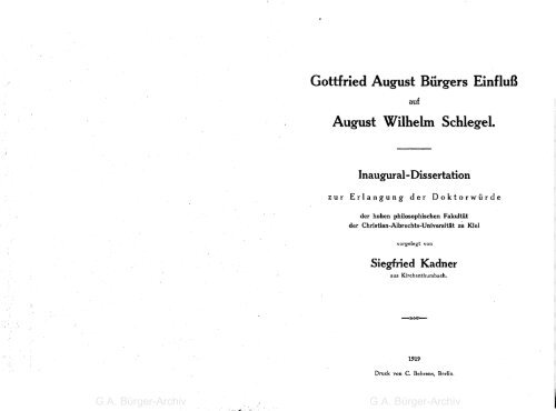 Gottfried August Bürgers Einfluß August \filhelm Schlegel.