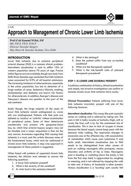 Approach to Management of Chronic Lower Limb Ischemia