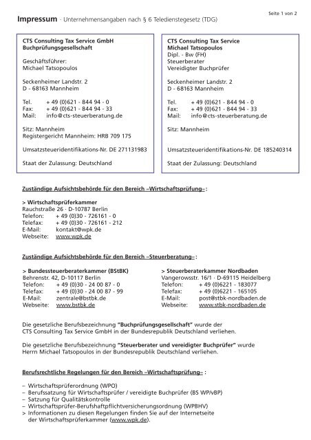 Impressum - CTS - Consulting Tax Service