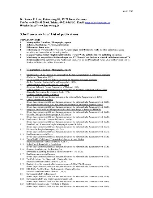 Schriftenverzeichnis/ List of publications - Birgit Lotz Verlag