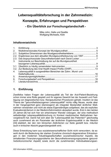 Lebensqualitätsforschung in der Zahnmedizin: Konzepte ... - IDZ