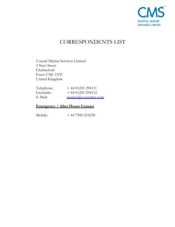 Correspondents List - Coastal Marine Services Ltd