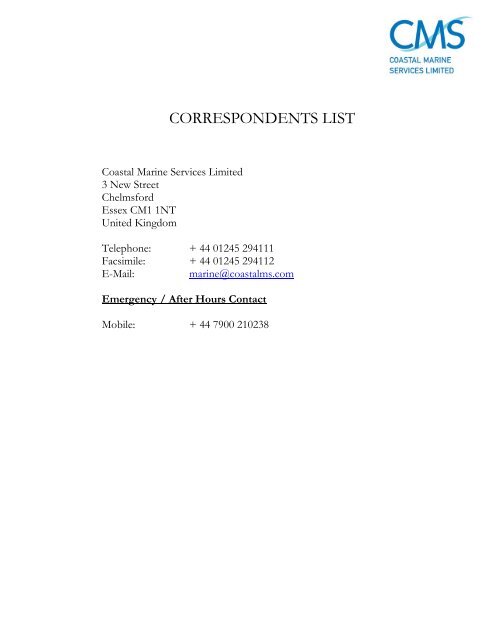 Correspondents List - Coastal Marine Services Ltd