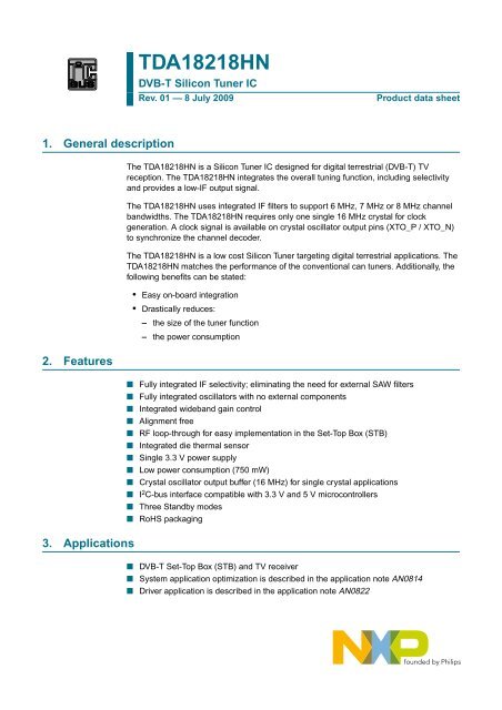 TDA18218HN DVB-T Silicon Tuner IC - NXP.com
