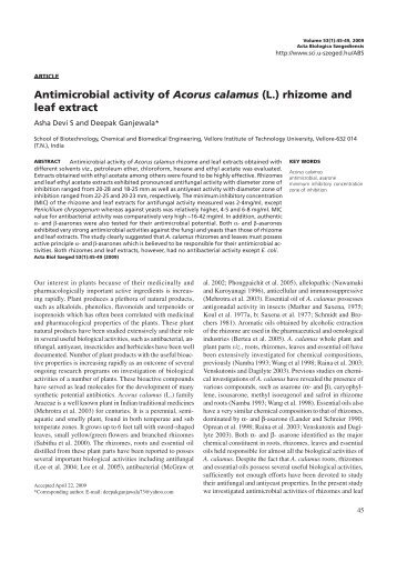 Antimicrobial activity of Acorus calamus (L.) rhizome and leaf extract