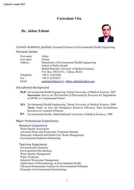Curiculum Vita Dr. Akbar Eslami