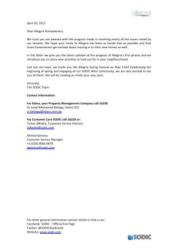 Allegria homeowners letter April 2012 - SODIC