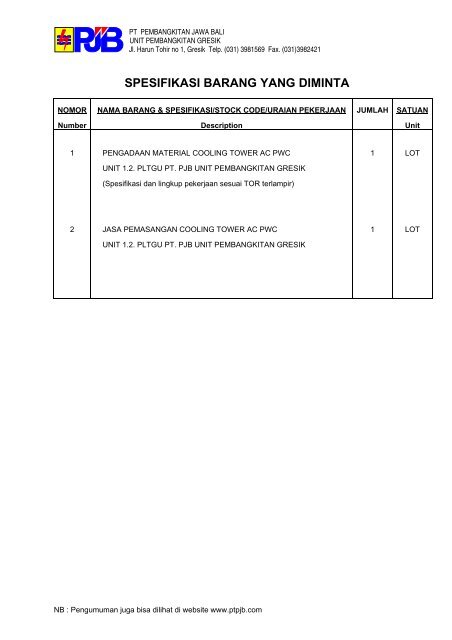 pengadaan & pemasangan cooling tower ac pwc unit 1.2. pltgu - PJB