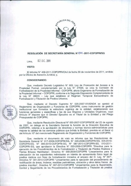 Resolución Secretaria General Nº 044-2011-COFOPRI/SG