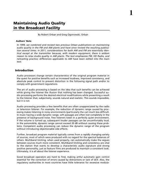 Maintaining Audio Quality in the Broadcast Facility 2011 - Orban