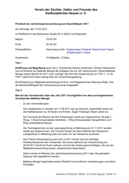Protokoll Jahreshauptversammlung 2012 - Kaltblutverein Hessen