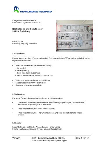 Versuch EET1 Leitungsnachbildung 380kV / Seite 1 von 19 Schutz ...