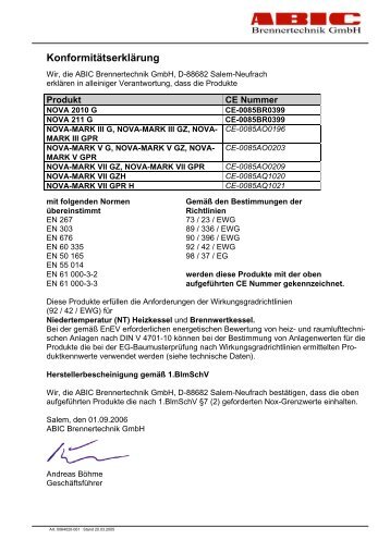 Konformitätserklärung - ABIC Brennertechnik GmbH