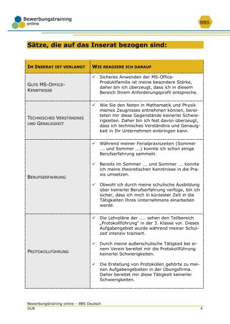 Einstiegssätze aufgrund von Inseraten - Bewerbungstraining Online