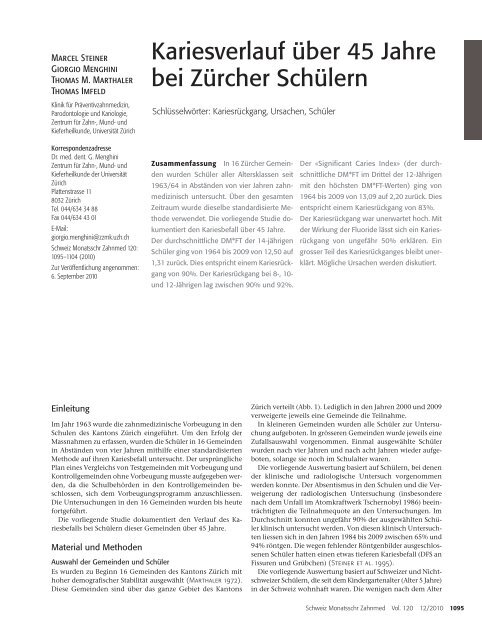 Kariesverlauf über 45 Jahre bei Zürcher Schülern - SSO