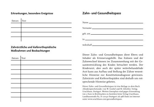 Zahn- und Gesundheitspass - Verlag Urachhaus