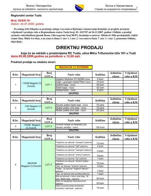 direktna prodaja 1 - rc tuzla - 21.07.2009. - Uprava za indirektno ...