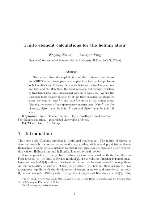 Finite element calculations for the helium atom∗ 1 Introduction