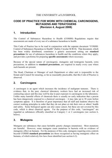 Carcinogens, Mutagens and Teratogens - University of Liverpool