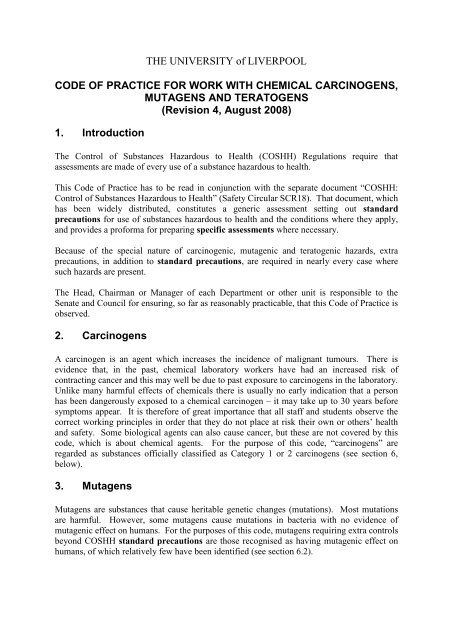 Carcinogens, Mutagens and Teratogens - University of Liverpool