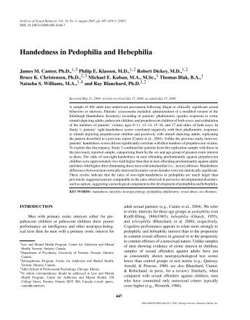 Handedness in Pedophilia and Hebephilia - Laboratory for the ...